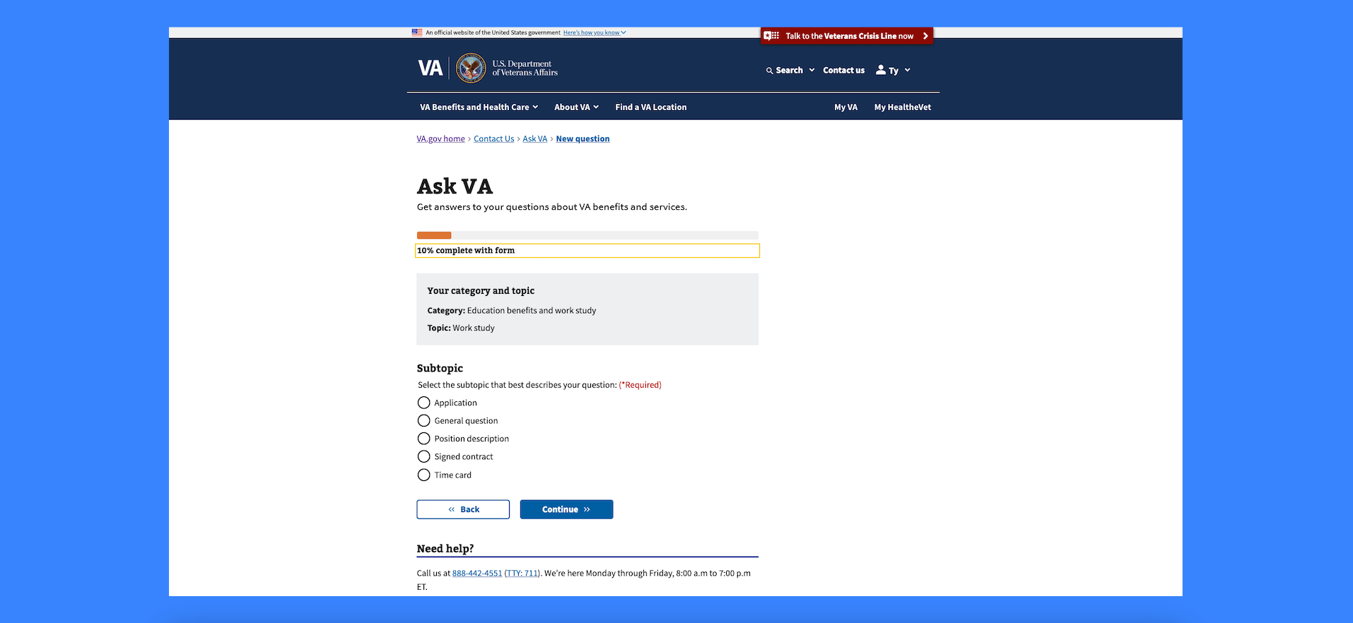Ask VA interface on VA.gov